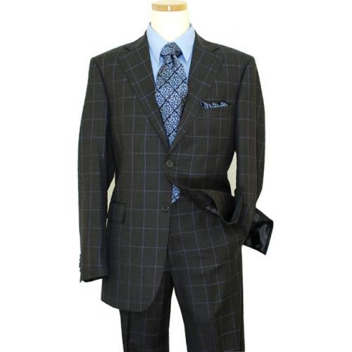 Zanetti Charcoal Grey With Sky Blue Windowpanes Super 120's Wool Suit LA39856
